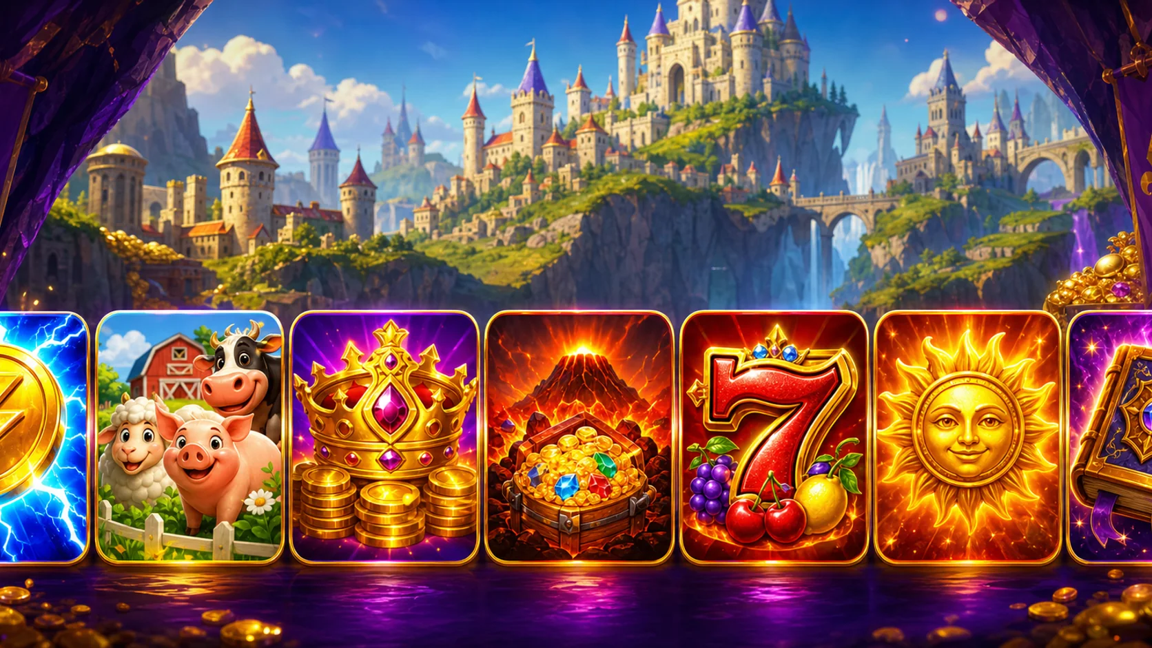 Violett-goldene Fantasy-Spielgalerie mit Krone, Münzen, Feuer und Glückssymbolen