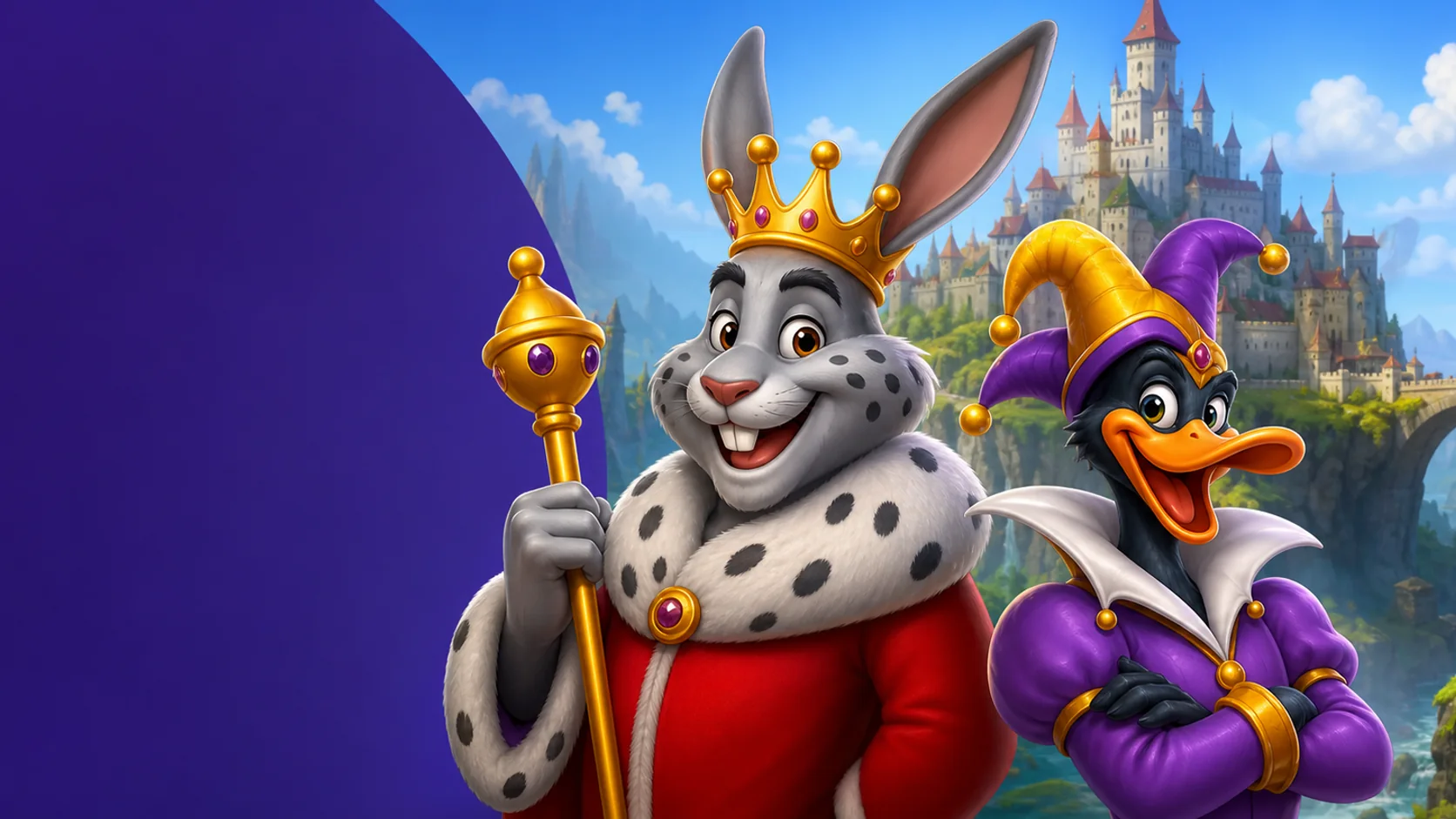 Königlicher Hase und Hofnarr vor dem Schloss als Symbol für den zentralen Zugang